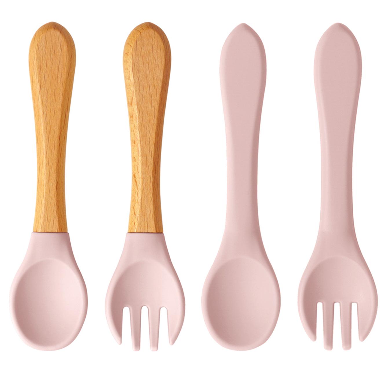 Color Kids 4 шт. Силиконовый набор ложек и вилок для кормления младенцев Без BPA Деревянная ручка Обучающие столовые приборы для младенцев Аксессуары для новорожденных
