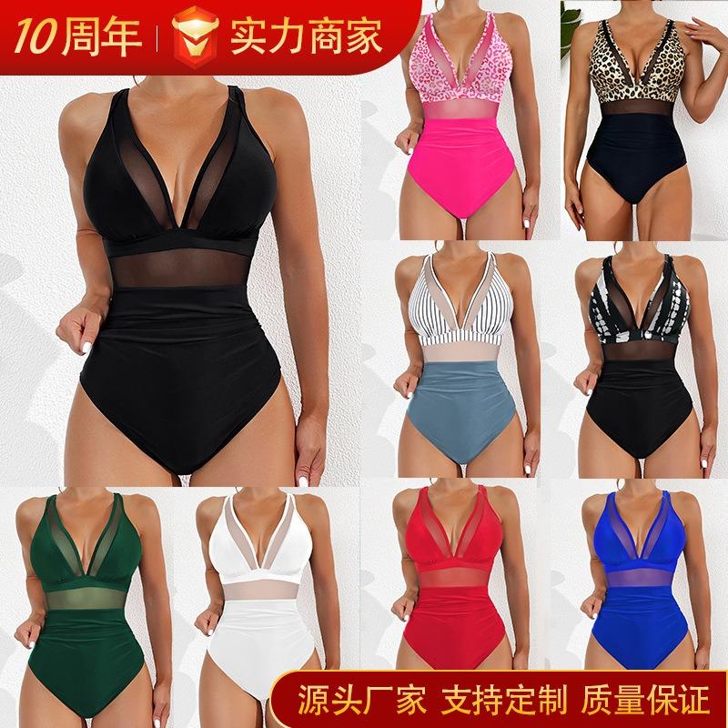 Nieuwe effen kleur mesh halter sexy bikini eendelig badpak badpak