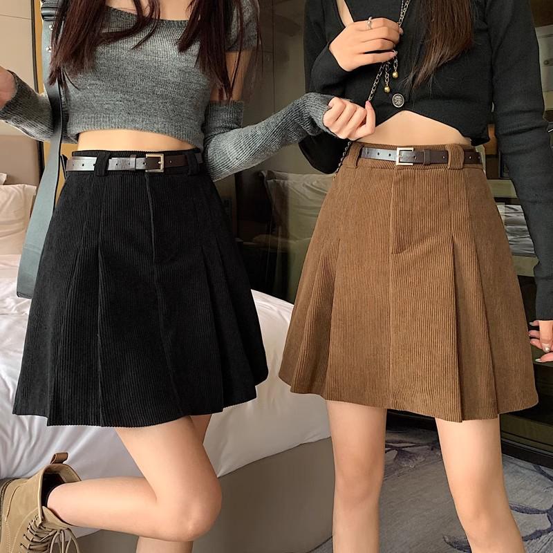 Women's Khaki Corduroy Pleated High Waist A-line Midi Skirt - Autumn/Winter, Slimming, Hip-Covering, Versatile Skirt
