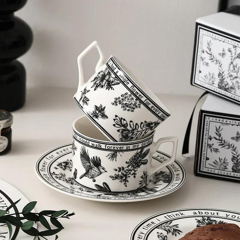 Vintage Elegant Ceramic Coffee Cup and Saucer Set Chic Bird Flower Exquisite Water Cup Home Afternoon Tea Dessert Tray Gift Box