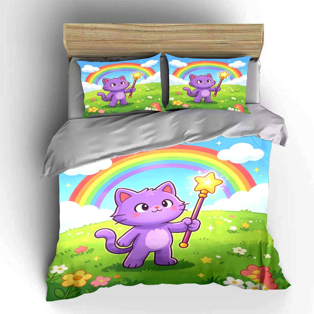 Cute Cat Rainbow Decor Set Soft Comfortable Duvet Cover Bedding Set Included 1*Duvet Cover & 2*Pillowcases, Gift