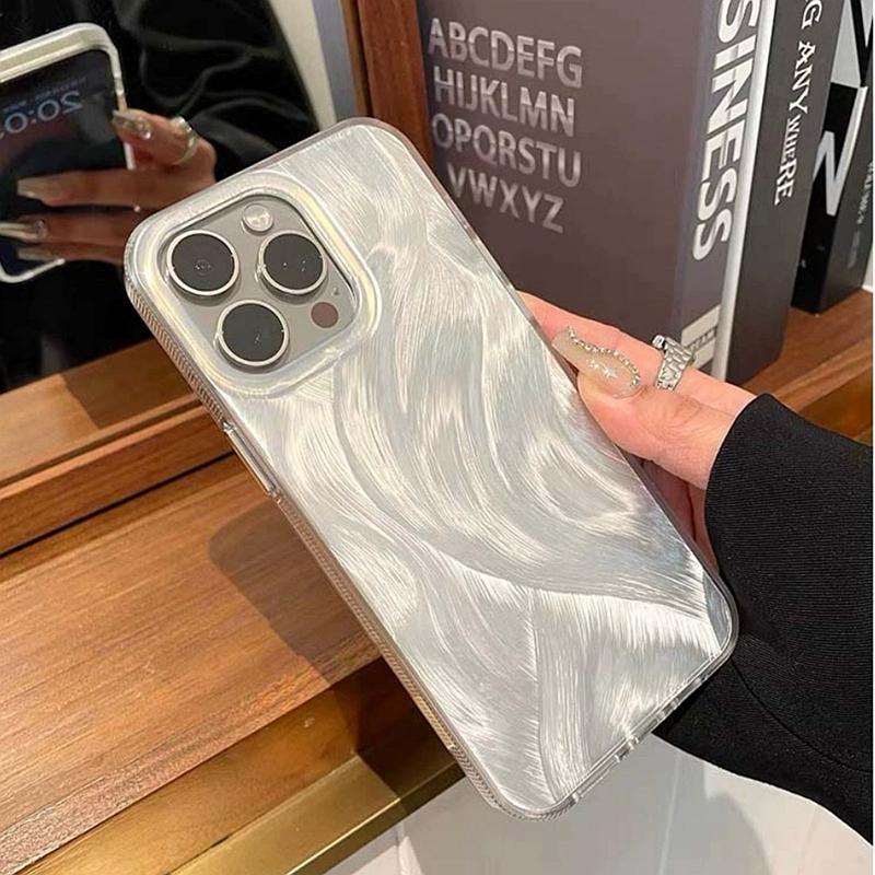 Premium Silber Weiß Wellenstruktur Kunst Handyhülle für iPhone 17 16 15 14 13 12 11 Serie Pro Max Plus Doppelschichtiger Schutz