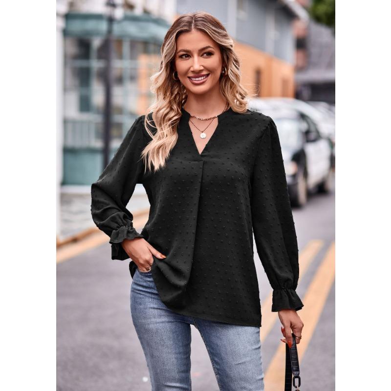 Spring and Autumn Women's Blouse Jacquard Shirt V-neck Loose Long-sleeved Tops