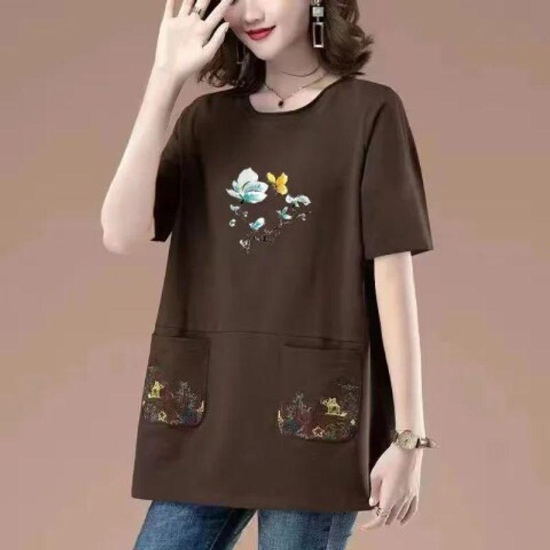 Long Length Pure Cotton Short-Sleeved T-shirt for Women Summer New Arrival Loose Plus Size Middle-Aged Ladieswear Loose Tummy Hiding Slimming Tops