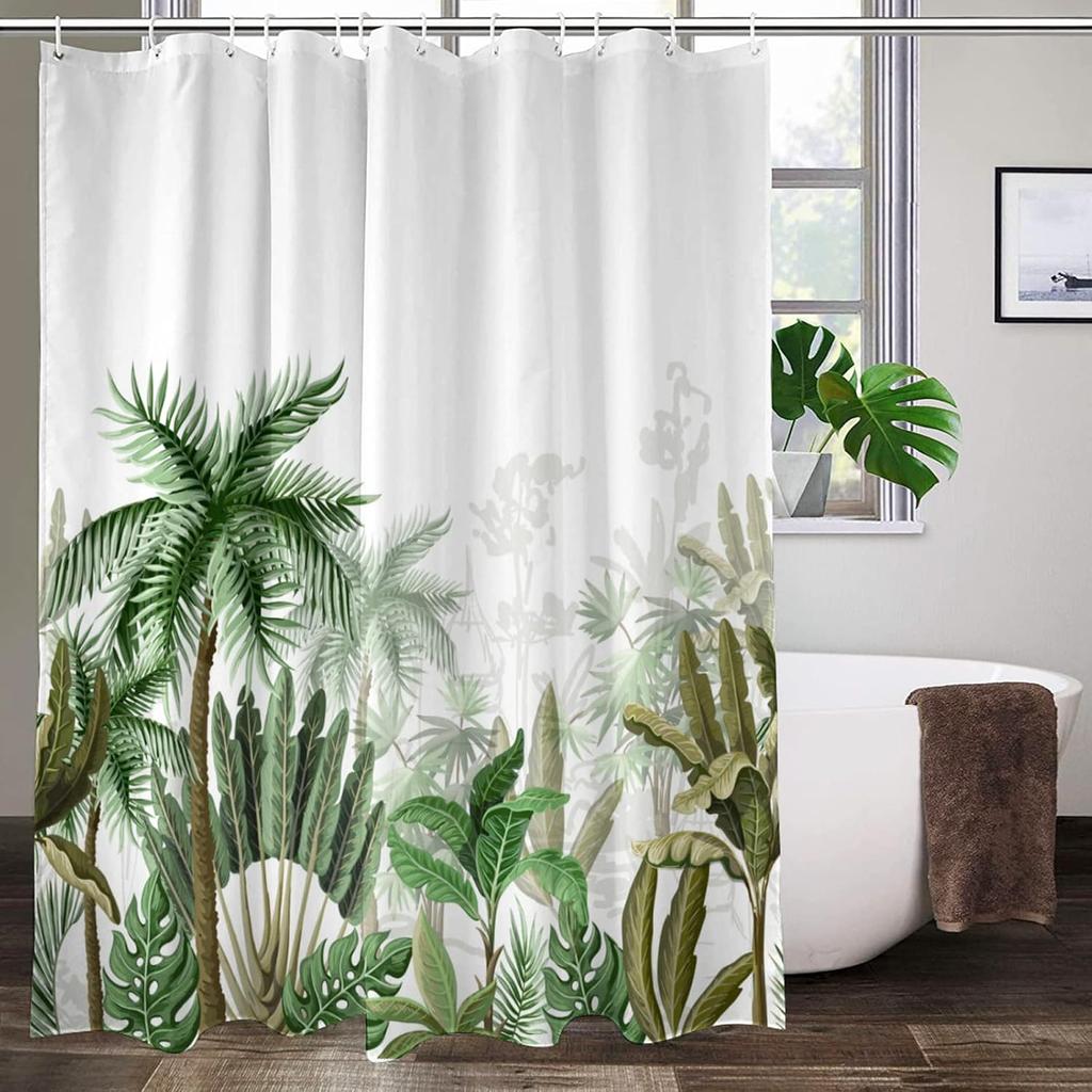 Green White Tropical Palm Tree Leaf Shower Curtain, Waterproof Washable Bathroom Decor Fabric Curtain With Hooks