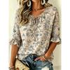 Women's Tie Keyhole Neck Blouse, Khaki Vintage Brown Scroll Floral Allover Print, for Spring Summer Daily Outfits