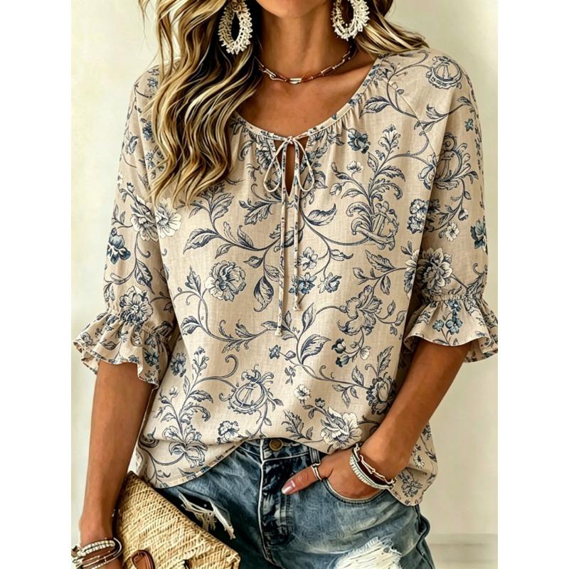 Women's Tie Keyhole Neck Blouse, Khaki Vintage Brown Scroll Floral Allover Print, for Spring Summer Daily Outfits