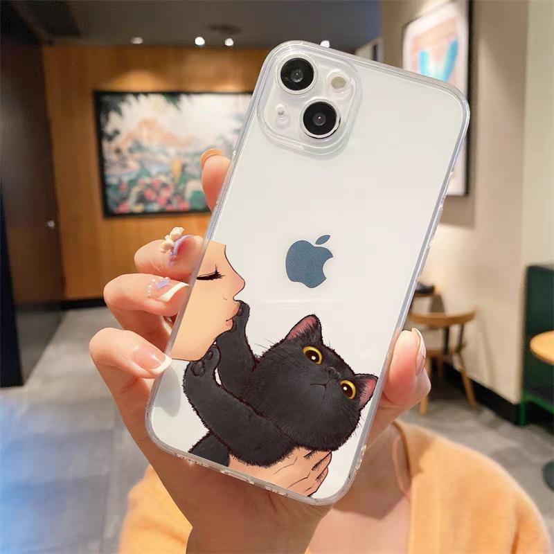 Kiss Cat Cute Kitten Cartoon Luxury Transparent Phone Case For iPhone 15 14 13 12 mini 11 Pro Max XS X XR SE 7 8 Plus Cover