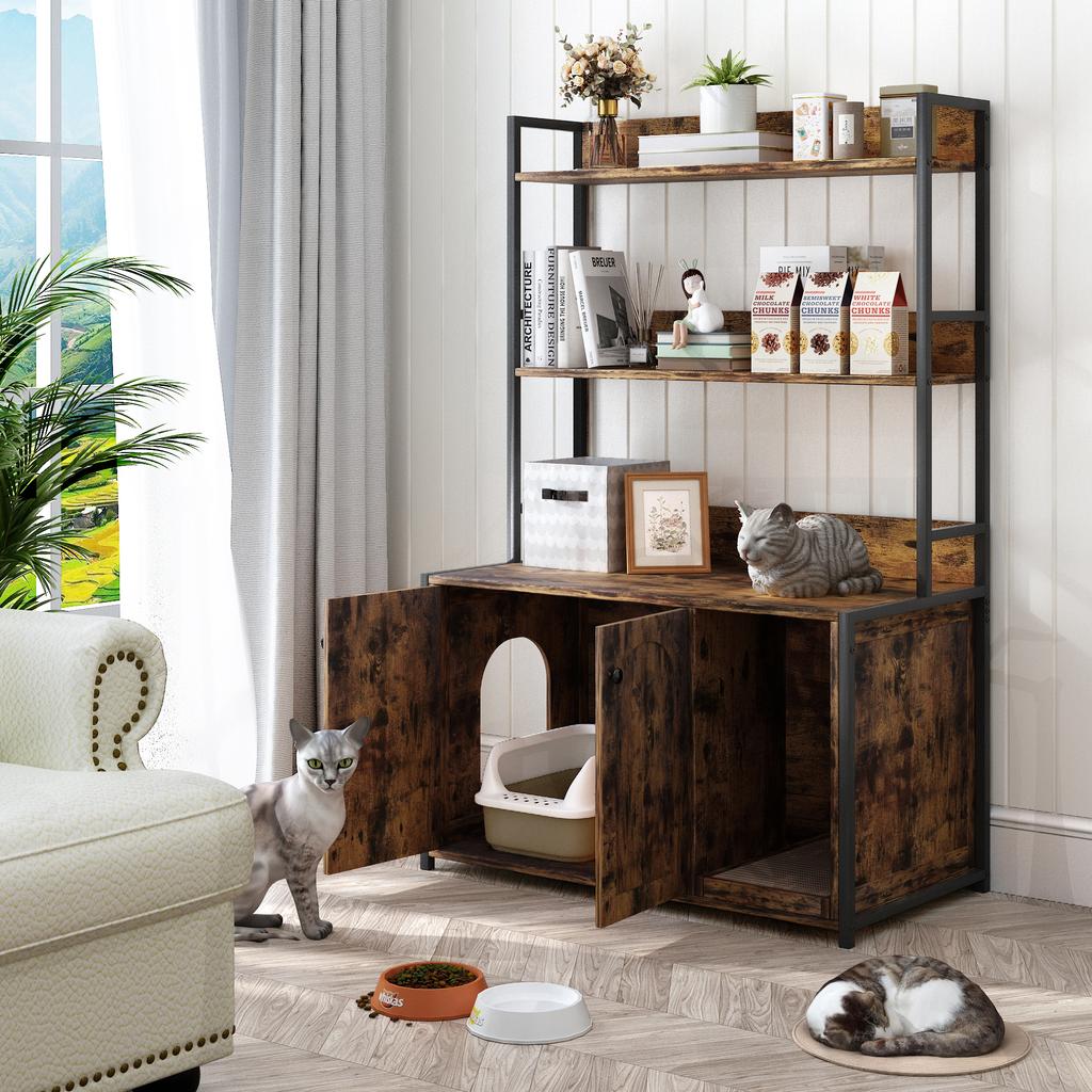 Large Cat Litter Box Enclosure with Storage Shelf, Wooden Cat House with Scratch Pad, Sturdy Indoor Pet Cabinet with 2 Doors for Odor Control, Brown