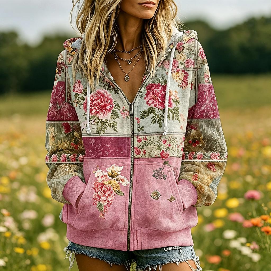 Women's Casual Hooded Sweatshirt with Zipper Pockets Printed Design