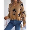 Autumn/Winter Casual V-Neck Star-Print Distressed Long-Sleeved Knitted Pullover for Women