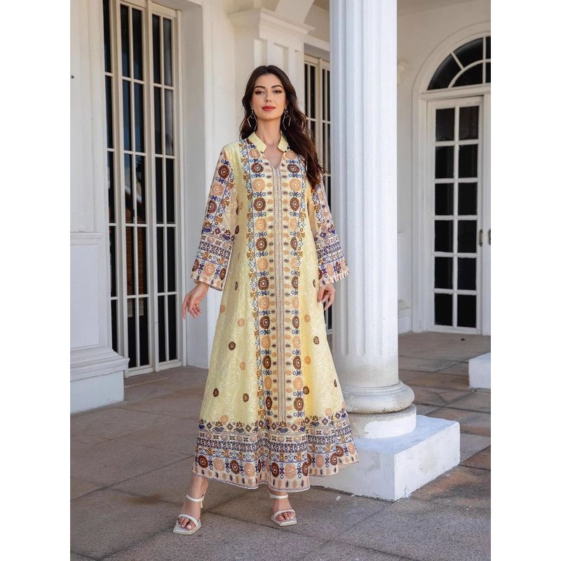 Middle East Cross-Border Women clothes Robe Embroidered Cloth Dubai Print Hot Drilling Women's Maxi Dress Arab Dress Dress