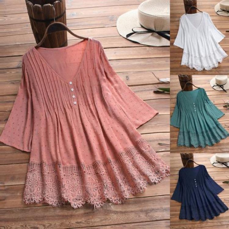 Floral Lace Hem Blouse Women Half Sleeve Hollow Out Stitching Buttons Decor