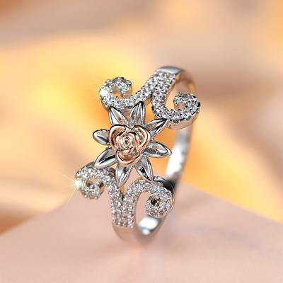 Shiny Flower Finger Rings for Women Girls Romantic Rose Gold Color Rose Leaf Zircon Ring Fashion Jewelry
