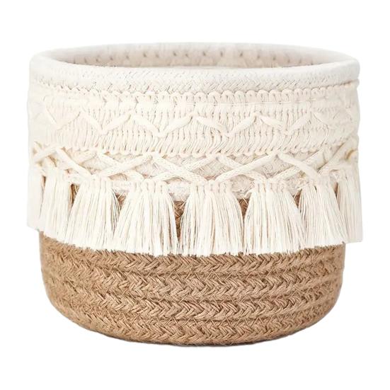 Boho Makeup Brush Holder Knotted Cord Tabletop Organizer with Tassels Handmade Circular Woven Basket for Office Desk Home Bedroom Dresser