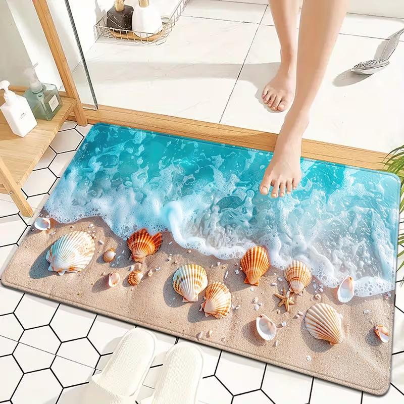 Ocean Wave Seashell Printed Non Slip Kitchen Runner Rug Coastal Beach Themed Floor Mat for Living Room Hallway Home Decor Carpet