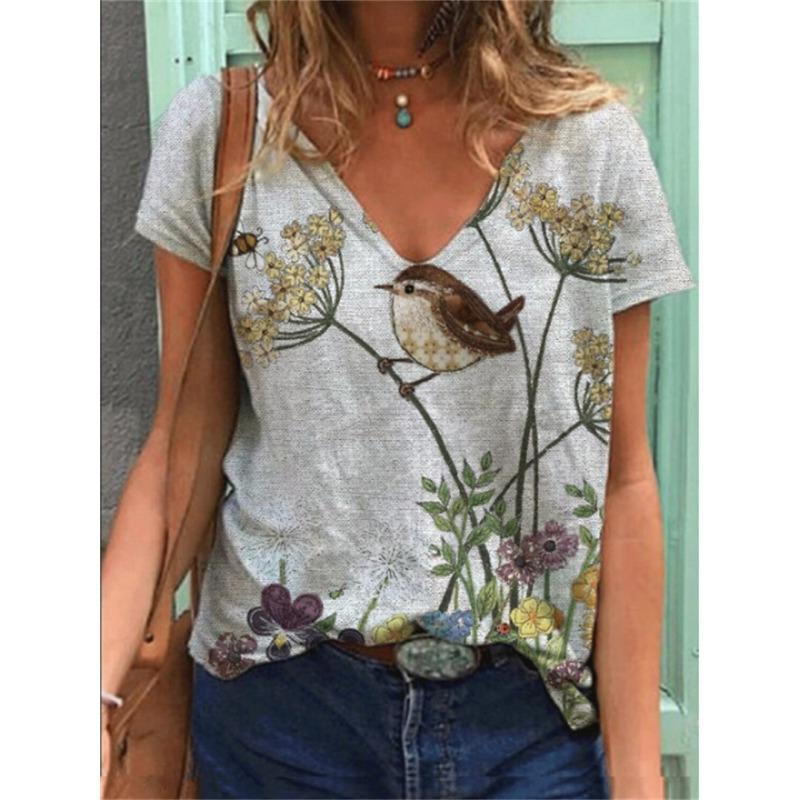 New Summer Women's V-neck Short Sleeve T-shirt with High Quality 3D Printed Animal Bird T-shirt
