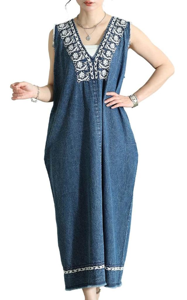 la Cool and stylish embroidered fringed hem Indian cotton dress for Long length sleeveless cotton dress with embroidery and fringed Casual style for