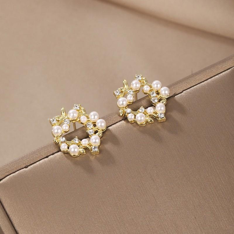Trendy Crystal Pearl Garland Stud Earrings for Women Korean Exquisite Metal Flower Leaf Round Circle Earring Jewelry Gifts