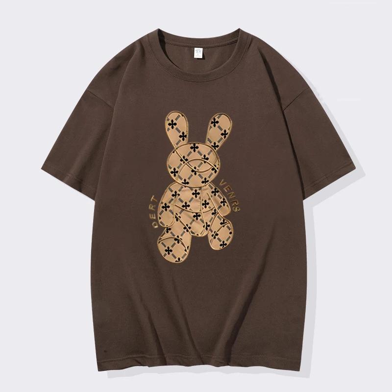 Spring Summer Men's Loose Casual Breathable T-Shirt 100% Cotton Clothing Bear Print Streetwear Women's Crew Neck Top