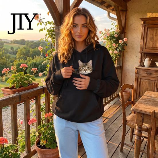 Casual Pullover Top Women Hoodie with Pet Pouch, Solid Color Hooded Sweatshirt Kangaroo Cat Pouch Pocket Pocket, for Carrying Small Dogs Cats