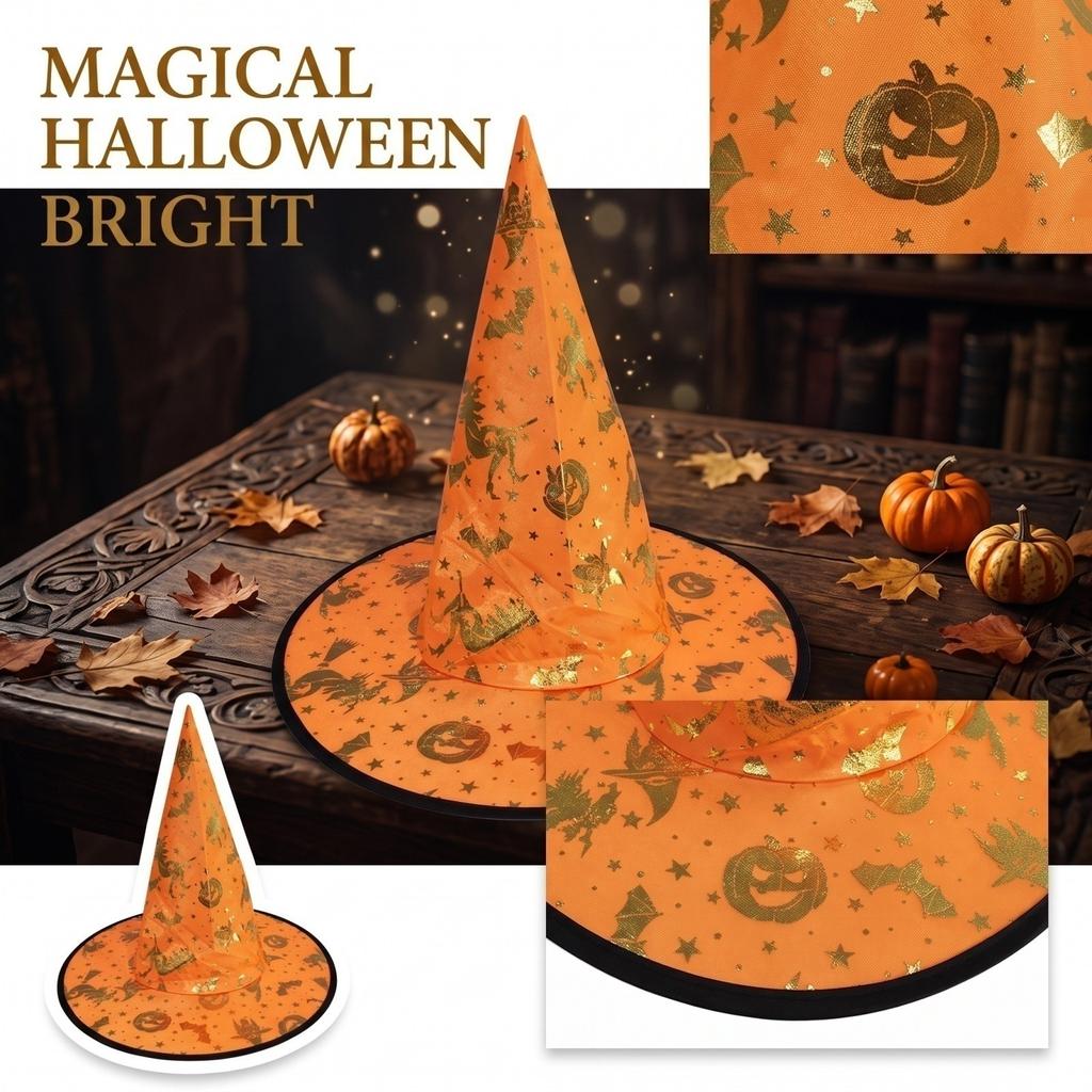 Adult Witch Hat with Gold Foil Pumpkin Design for Halloween Costume Party