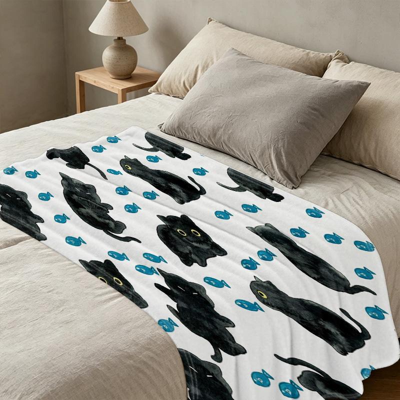 Hemmed Flannel Throw Blanket,Cute Black Cat & Fish Design, Soft Cozy Warm, Ideal for Bedroom Living Room Sofa, Christmas & Halloween Use