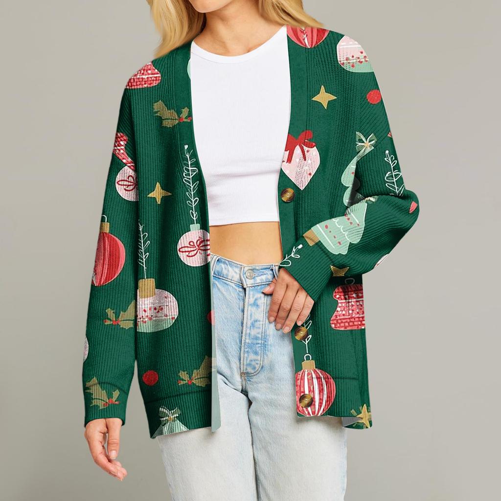 Women's Fashion Loose Knit Long Sleeve Christmas Print V-Neck Button Cardigan