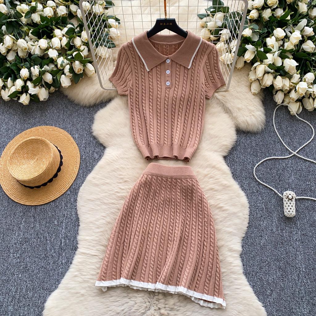 Módní Pletené 2dílné Dvoudílné Kostýmy Skinny Krátký Rukáv Polokošile+Krátká Sukně Děrované Dámské Jednoduchý Styl Letní Sety