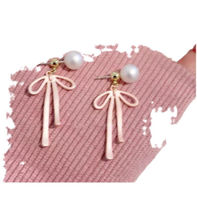 Pink Bow Dual-Wear Pearl Earrings - Unique Summer Back-Hanging Design, Light Luxury, High-End for Girls