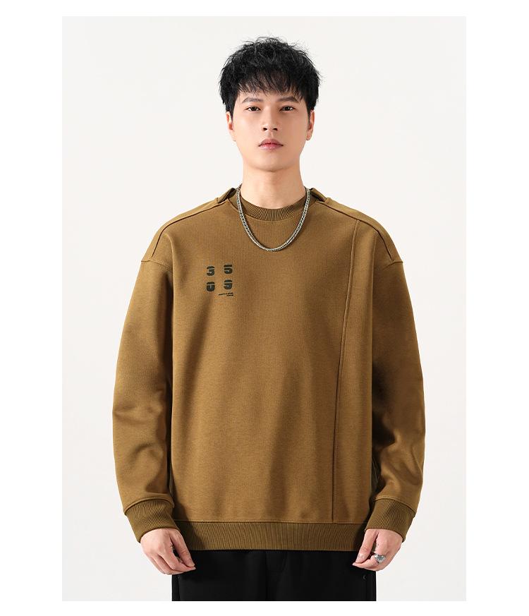 Men's Autumn Heavyweight Minimalist Double-Layer Collar Sweatshirt - Japanese Style, Spliced Round Neck, Trendy Loose Fit