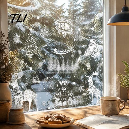 Non Adhesive Christmas Window Decor 6Pcs Clings, Retro White Line Static Glass Sticker for Holiday Removable Decorations Decoration, Reusable PVC Elk