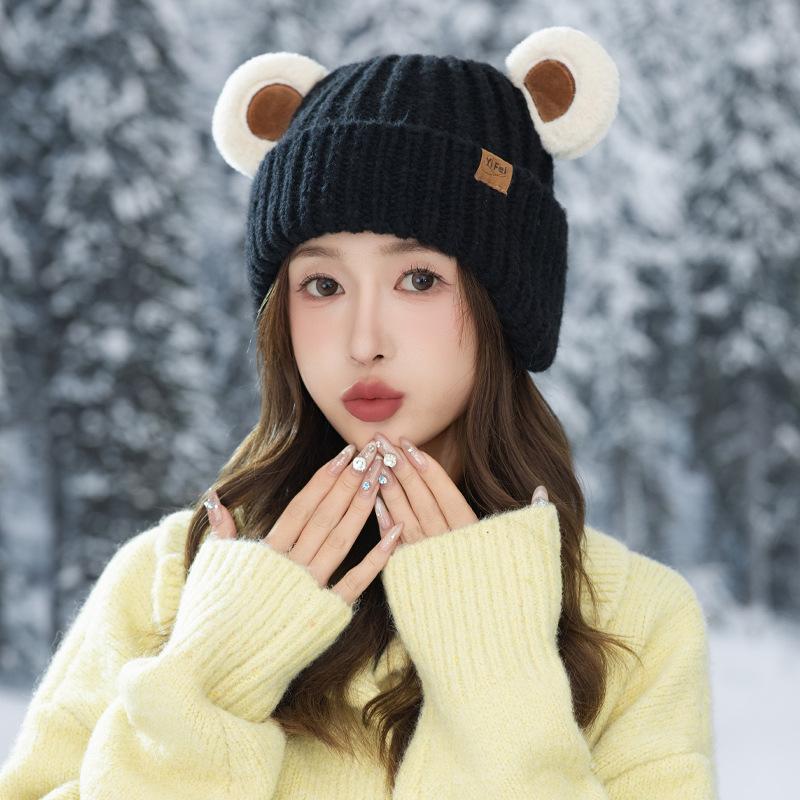 Versatile Hat for Women In Autumn and Winter Sweet and Cute Bear Ear Knitted Wool Hat Korean Outdoor Windproof and Warm Hat