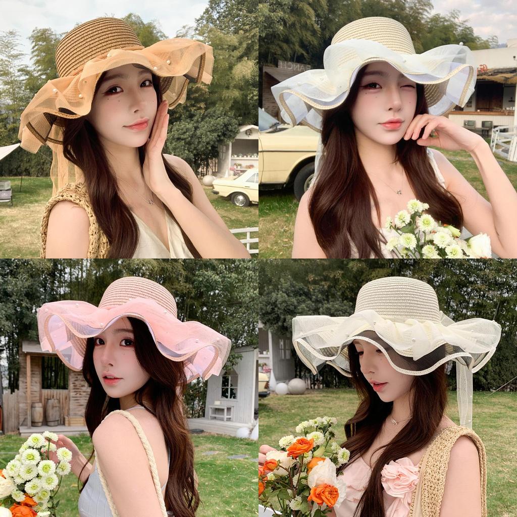 Straw Sun Hat With Wide Brim And Pearl Bow For Summer Beach Vacation
