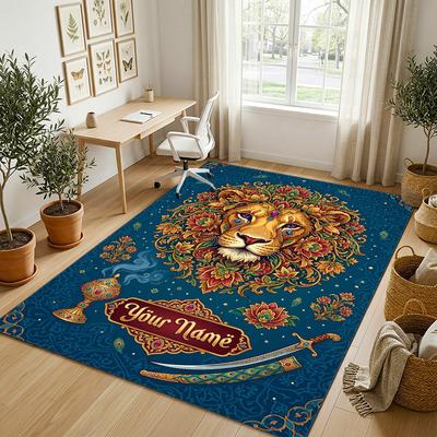 Royal Lion Theme Soft Crystal Velvet Rug Custom Name & Text Print Non Slip Floor Rug for Bedroom Living Room