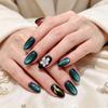 Kurzer mandelförmiger Press-On-Nagel mit Katzenaugen-Schimmer, Schwarzer Fake-Nagel mit 3D-Blume und Goldlinien-Detail, 30-teiliges Set für Damen