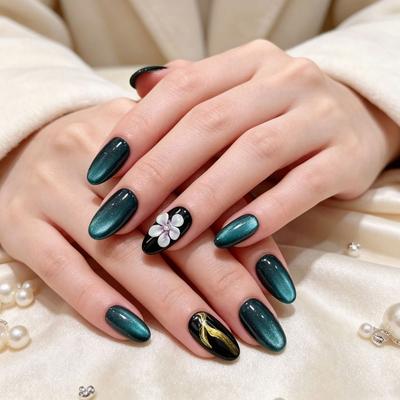 Short Almond Press On Nail with Cats Eye Shine, Black Fake Nail with 3D Flower and Gold Line Detail, 30Piece Set for Women