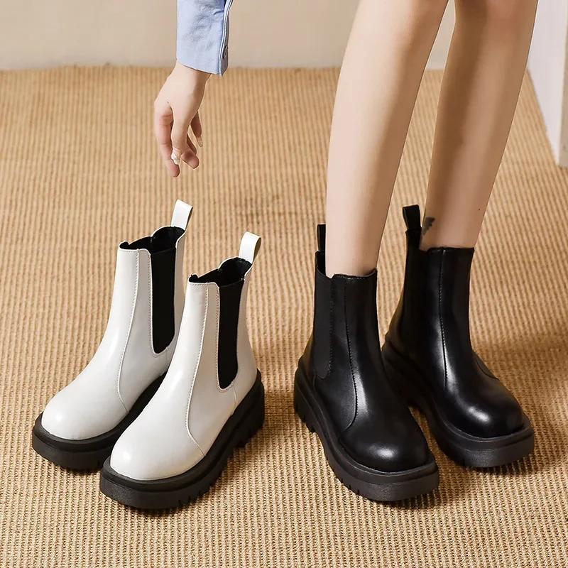 Fashion Ankle Boots for Women New Spring Autumn Thick Bottom Women's White Black Boots Casual Pu Leather Slip on Chelsea Short Botas