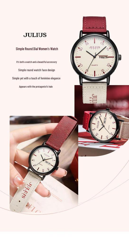 JULIUS Julishi JA-1563: Silent Quartz Waterproof Wristwatch with New Nylon Strap