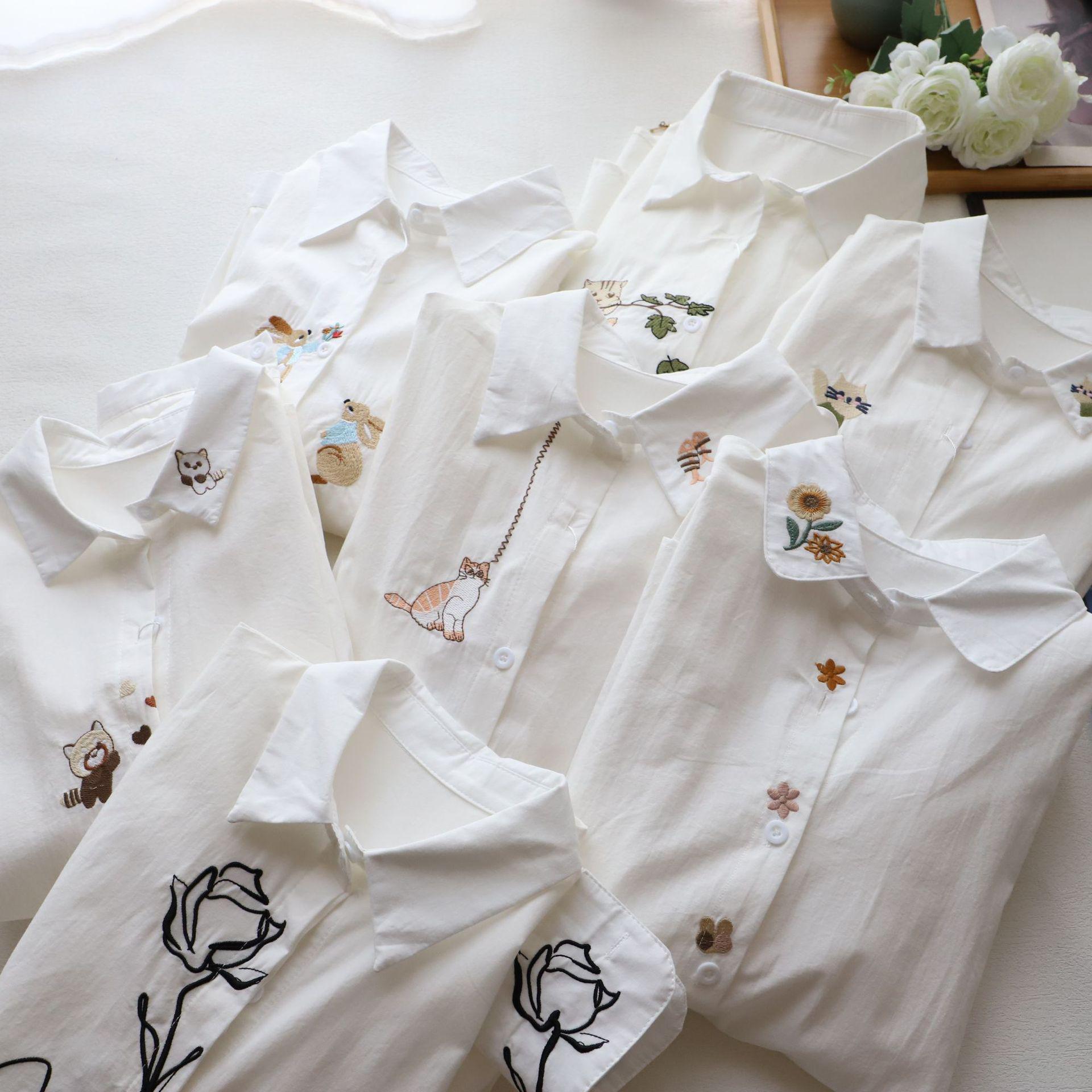 

2025 Spring Women s White Embroidered Pure Cotton Long Sleeve Shirt One Size