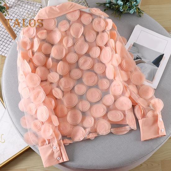 Women Summer Chiffon Shirt Lapel Lantern Long Sleeve Shirt Tops 3D Floral Print Semi-Sheer Mesh Splicing Single Breasted Blouse