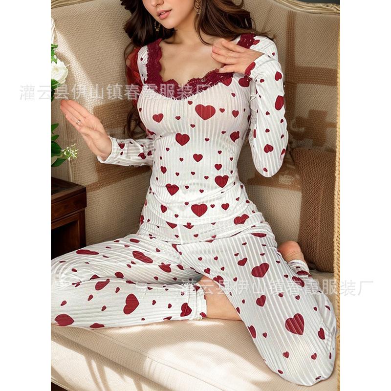 

New loungewear love printed pajamas love long sleeves trousers set can be worn outside European and American women s pajamas S красный