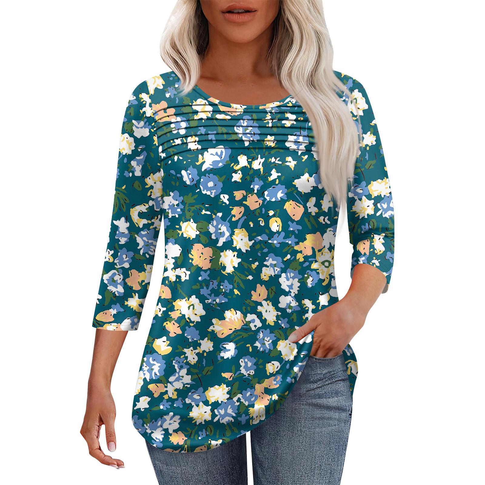 Women s Fashion Round Neck Pleated Front Placket 3/4 Sleeve Top L