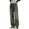 DAYCLOSET Denim Straight Medium Size Blue Women's Korean-Style Wide-Leg Pants, Fit, Vintage-Finish, Thickness, Spring, Autumn, Winter, Pants566, M,