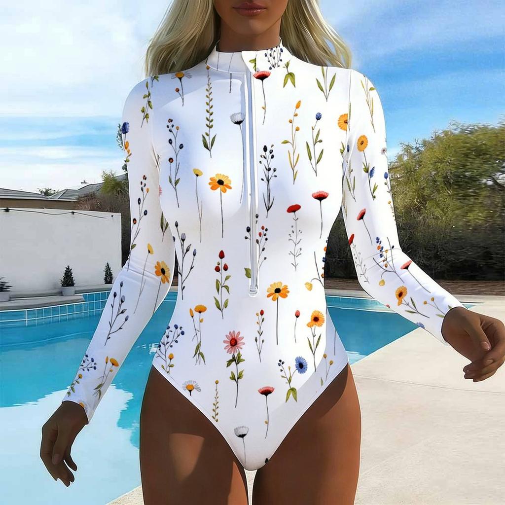 Women Long Sleeve One Piece Swimsuit Zip Front Flower Smudging Print Rash Guard Surfing Bathing Suit