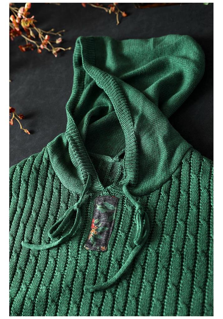 Women's Retro Ethnic Drawstring Hooded Appliqué Knit Cotton Sweater - Loose Plus Size for Spring & Autumn