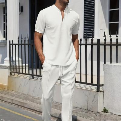 Men's 2024 Cross-border Casual Short-sleeve Waffle Polo and Pants Set