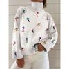 Womens Christmas Print High Neck Sweater Loose Fit Casual Long Sleeve Top