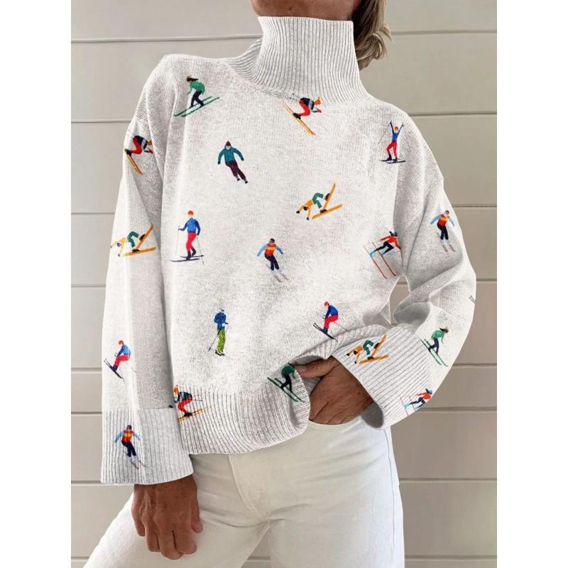 Womens Christmas Print High Neck Sweater Loose Fit Casual Long Sleeve Top