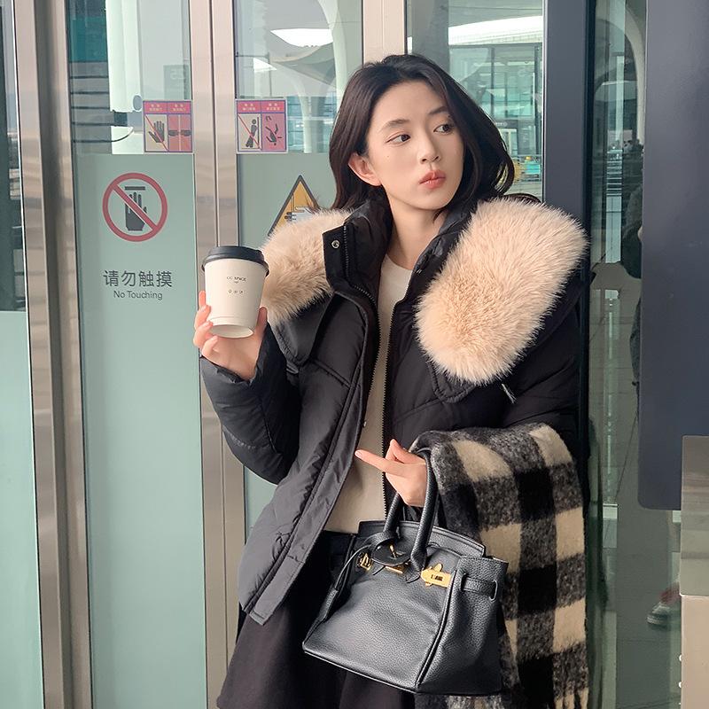 

Winter new down cotton clothes women s short small big fur collar bread clothes warm jacket M чёрный
